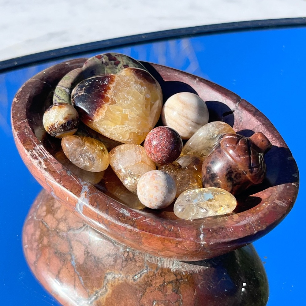 Brecciated Jasper Bowl, Septarian Heart, Dragon Blood Jasper Heart, Citrine…